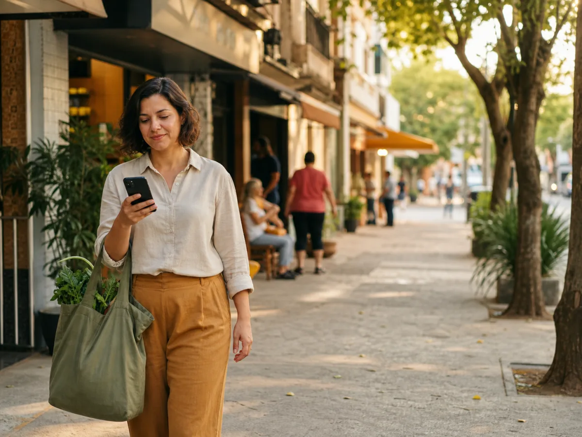 Consumidora acompanhando seus benefícios pelo celular em uma rua comercial